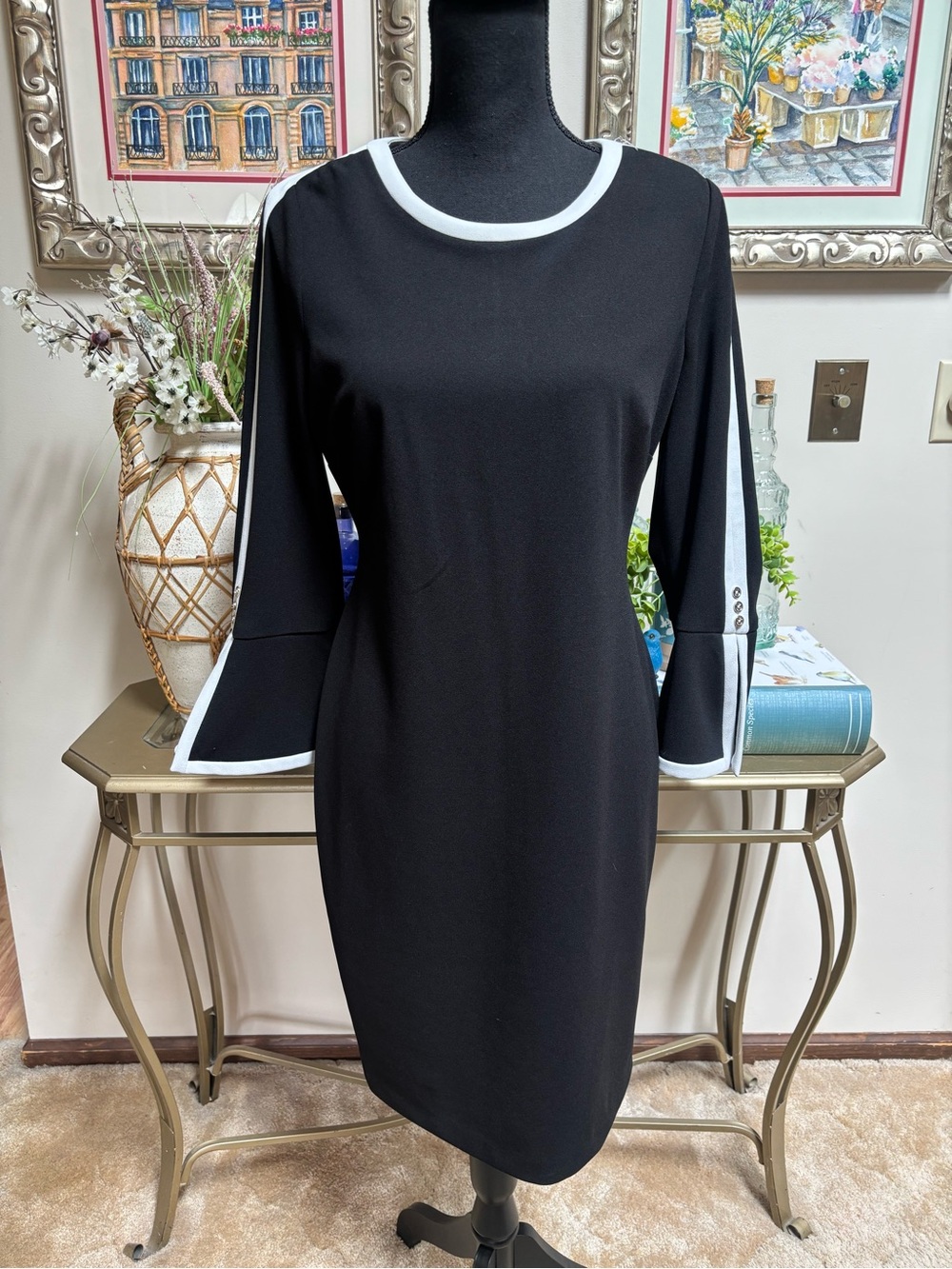 Tommy Hilfiger Classic Black Dress with White Trim - Elegant Sheath Size 8